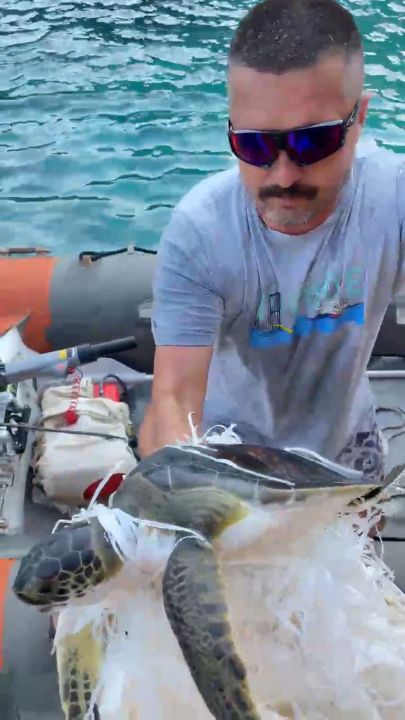 Çuvala dolanan caretta carettayı kurtardı