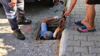 Kanalizasyona düşen kedi belediye ekiplerince kurtarıldı