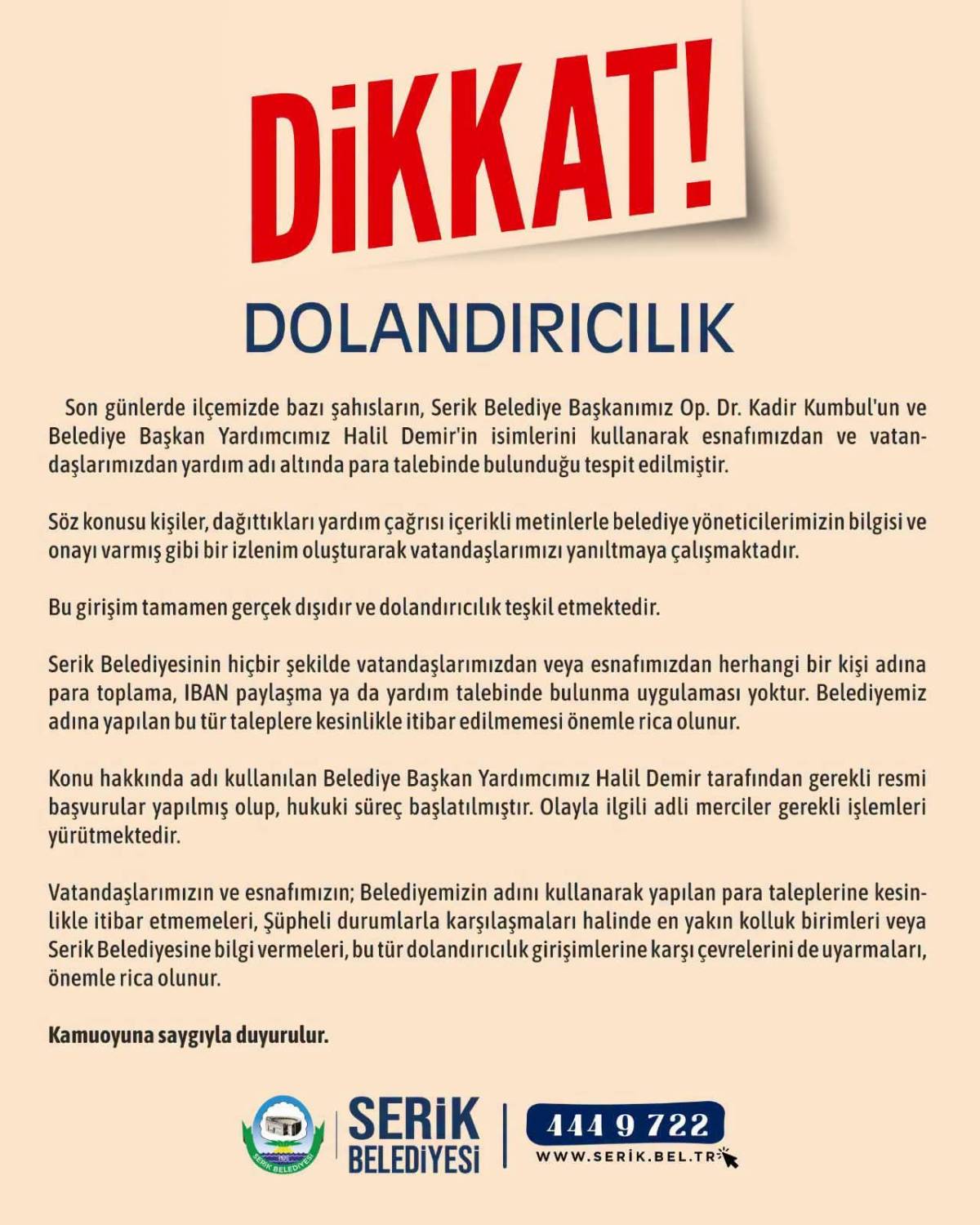 Serik Belediyesi'nden sahte yardım tuzağına karşı uyarı